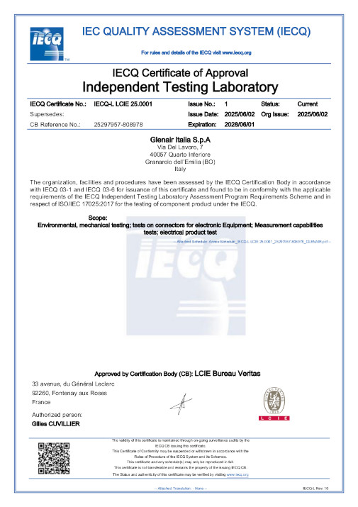 Glenair Italia TestLab ISO/IEC 17025 Certification